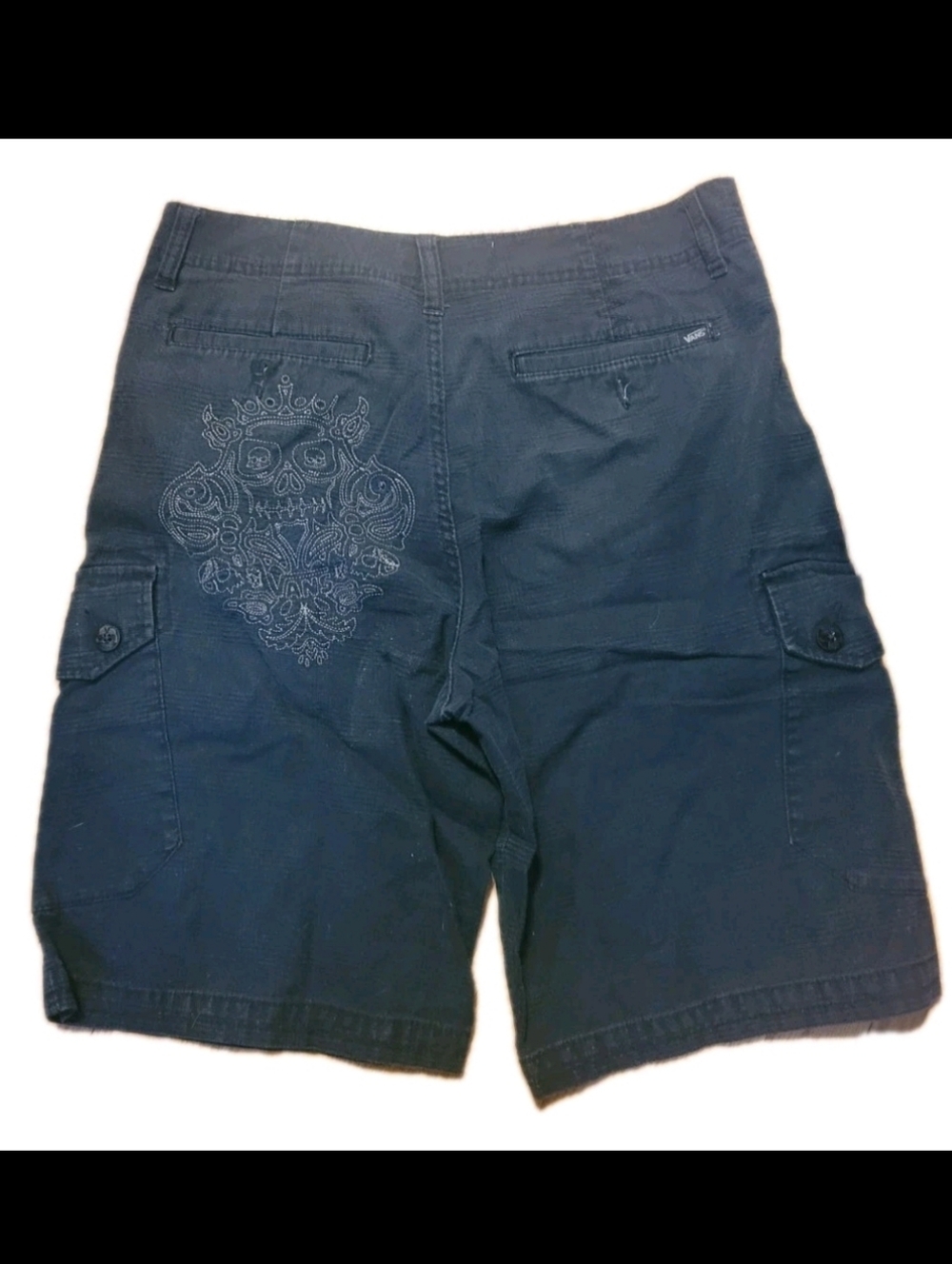 Vans Men's Shorts 32 Black Cargo Embroidered Skull Detail Grunge Revival Skater